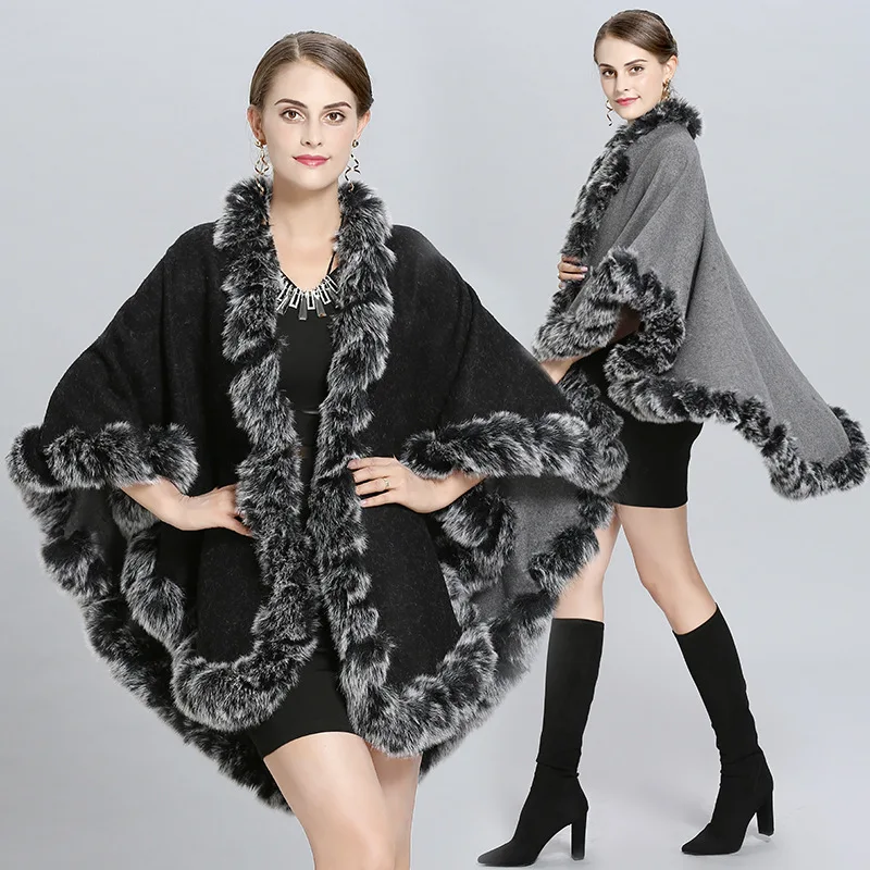 

Double-sided wear Winter Warm Long Knitted Poncho Cape Cashmere Loose Sweater Women Imitation Fur European Cardigan Coat