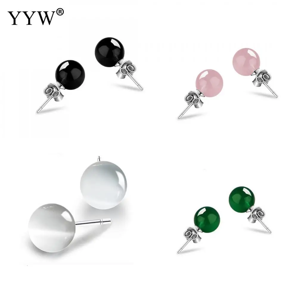 

Natural Stone Ear Stud Earrings Silver Color Plated 8mm Round Ball Opal Agata Cats Eye Stone Stud Earrings for woman