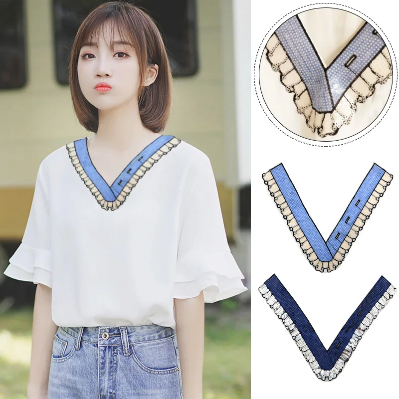 

Fashion sequins cloth patching clothes patch stickers embroidery v-neck flower bow applique T-shirt clothing accessories diy