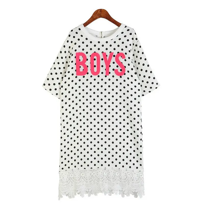 

2014 spring vintage polka dot pullover print letter patchwork lace medium-long plus size loose t-shirt women dress women clothes