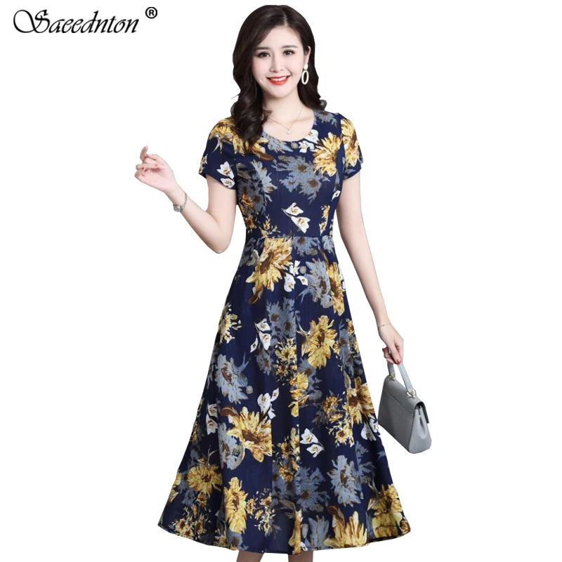 

Elegant Chiffon Short Sleeve Dress Women 2019 Summer New Middle-aged Mother O-neck Collar Floral Print Slim Office Lady Dresses
