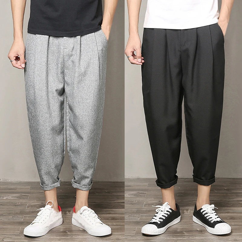 Koop Katoen Linnen Mannen Broek Enkellange Straight Broek Breed Been Losse Haren Hiphop Dunne Broek Plus Size Mannelijke Casual Kleding
