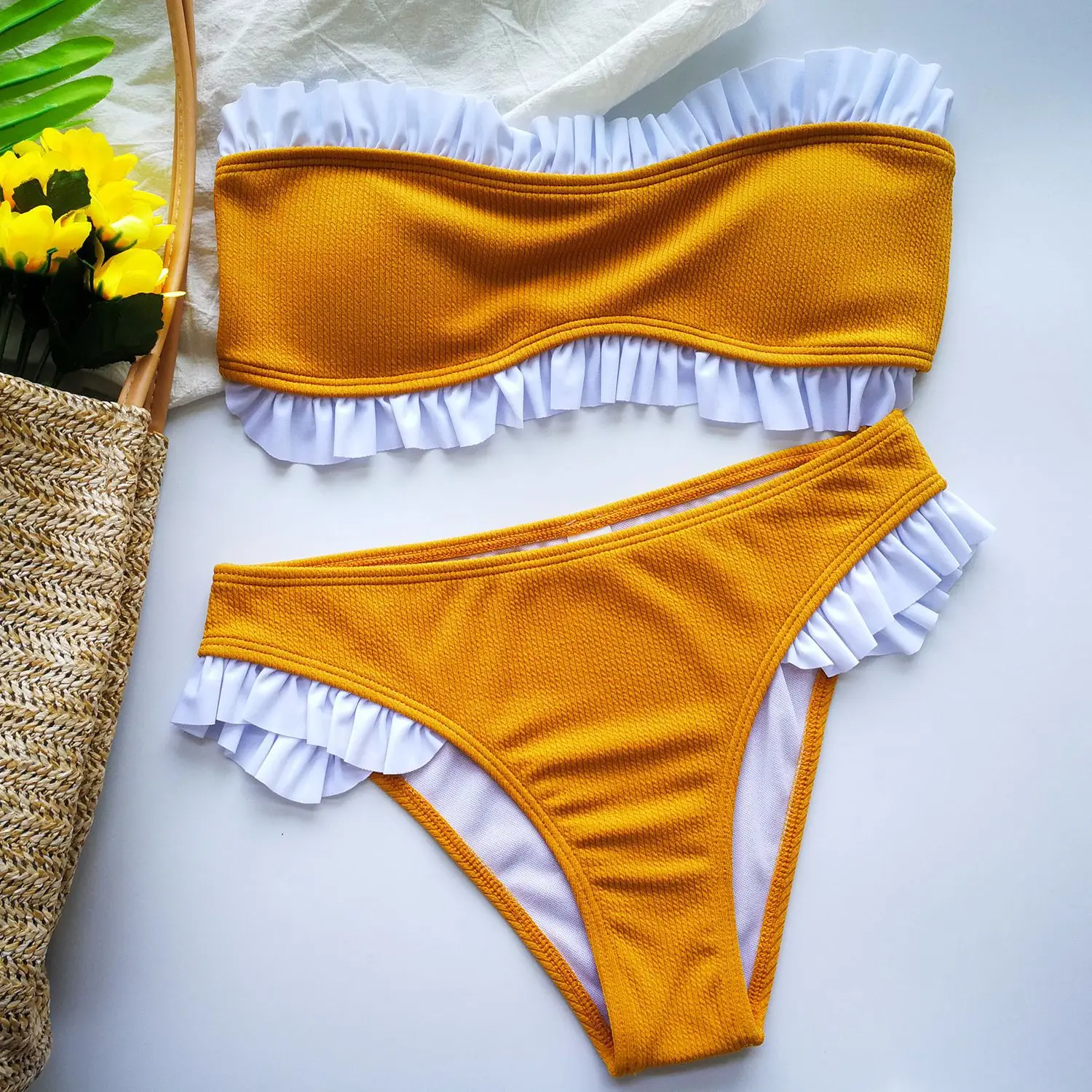 yellow tube top bathing suit