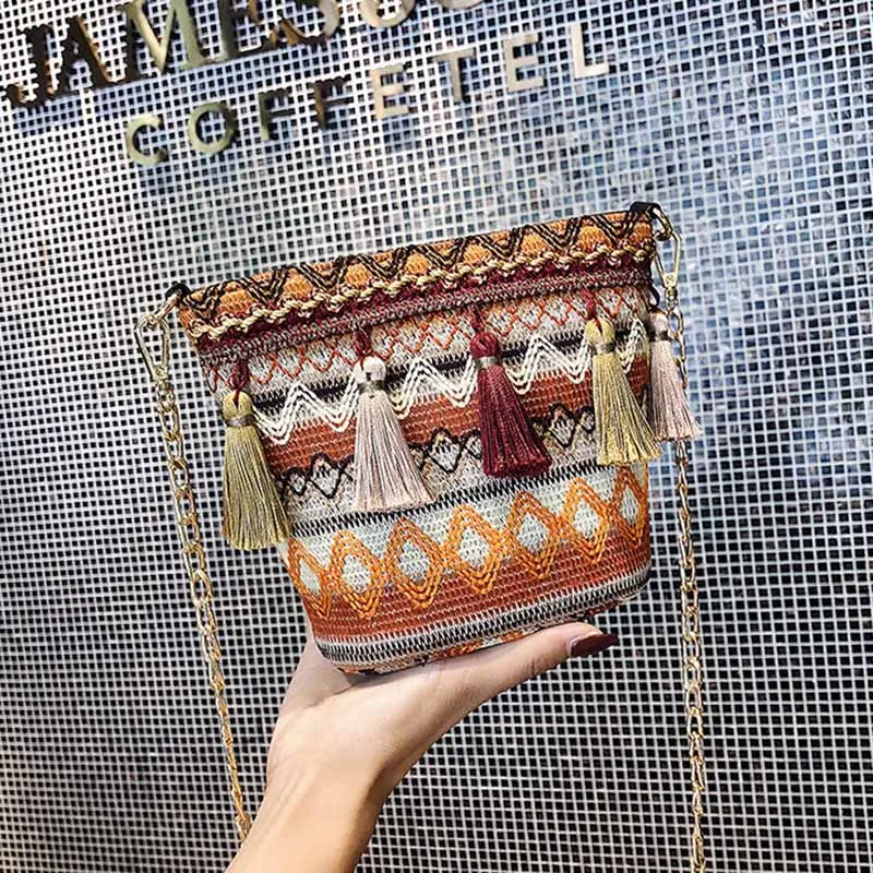 Summer Women Tassel Casual Straw Bags INS Popular Female Handbag Fashion Lady Chains Shoulder Bag Holiday Weave Crossbody SS3288 (2)