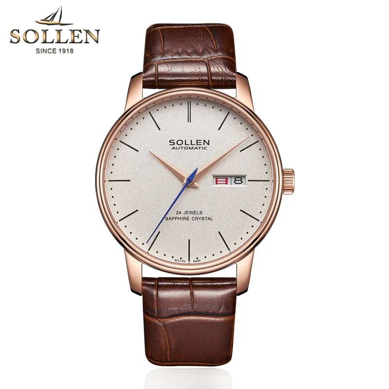 

SOLLEN Sapphire Clock Waterproof Relogio Masculino Leather Automatic Mechanical Watch Men Luxury Brand Mens Watches Reloj Hombre