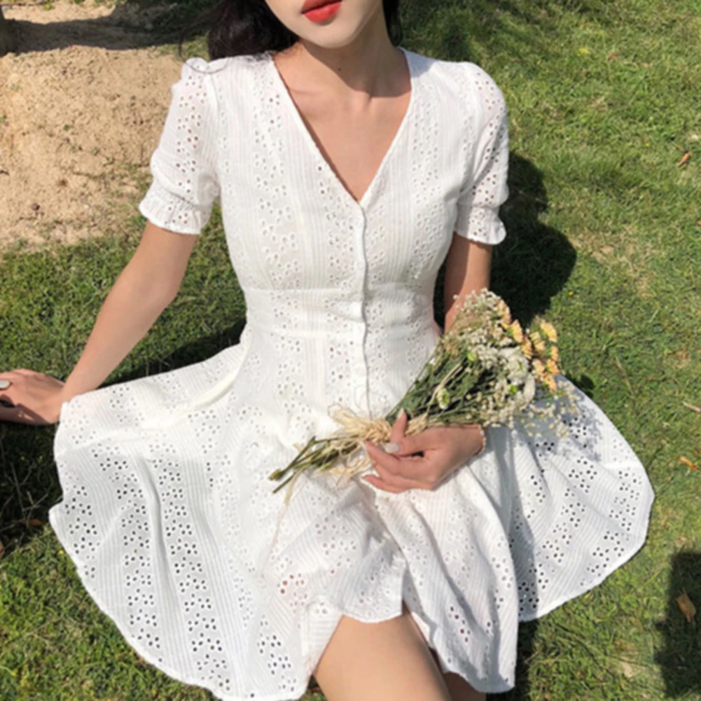 Summer Solid Fashion With Row Of Buttons V Neck Playful Women
