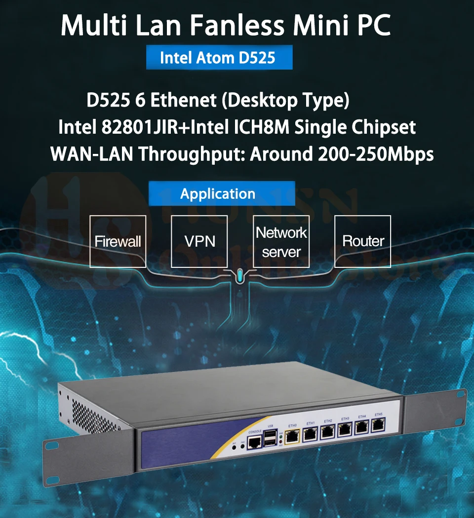 Брандмауэр Mikrotik Pfsense сети VPN Security Appliance маршрутизатора ПК Intel Atom D525, [HUNSN RS03], (6LAN/2USB2. 0/1COM/1VGA/вентилятор)