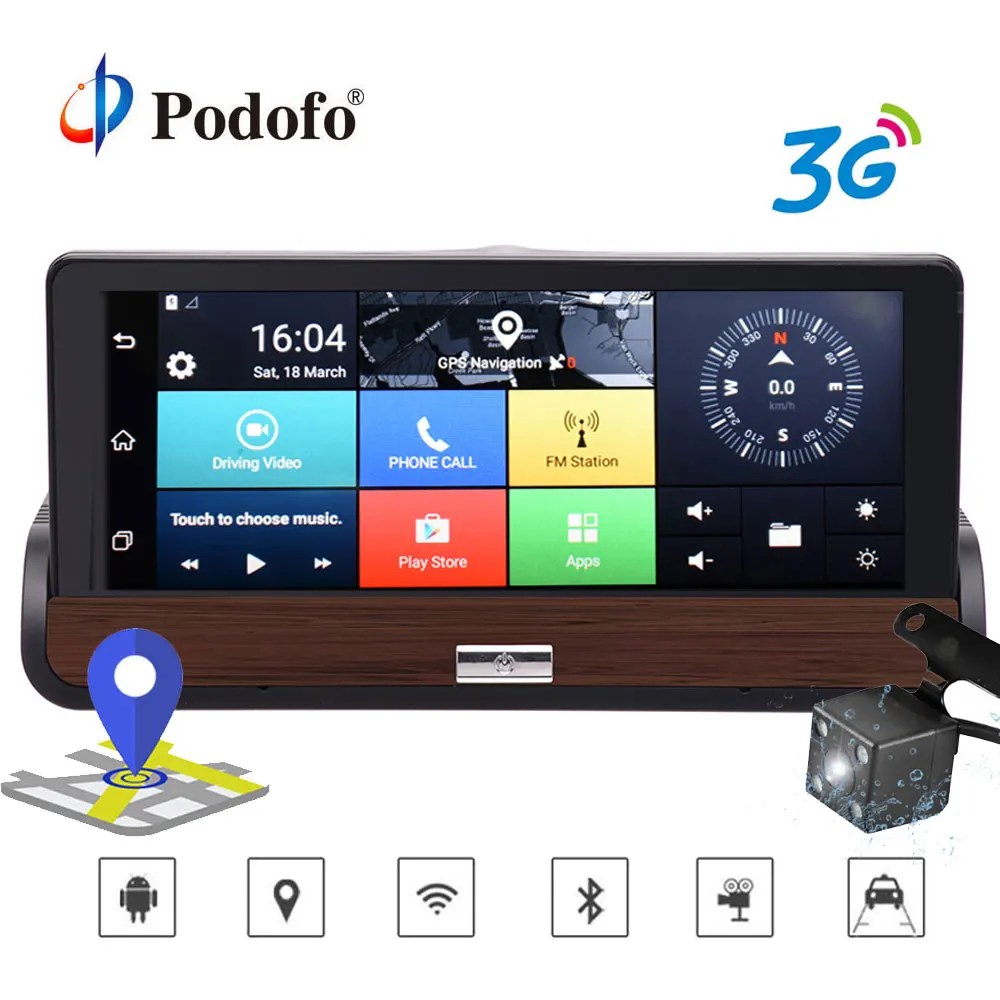 

Podofo 3G 7" Car DVR Dual Lens Camera GPS Navigation wifi Android 5.0 Touch Screen DashCam Video Recorder With Rear view Camera
