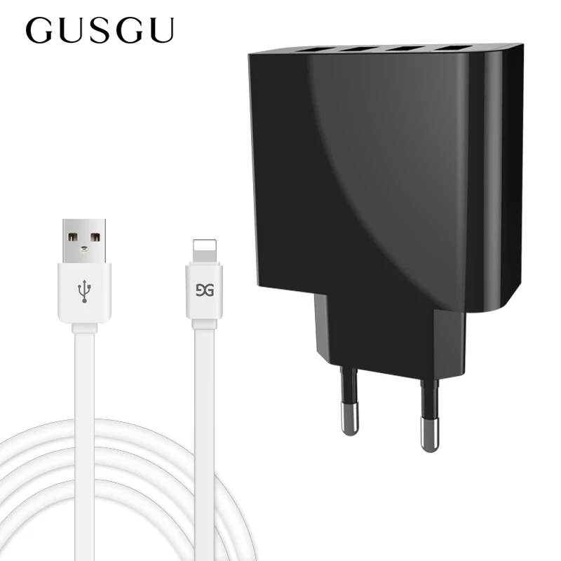 

GUSGU USB Phone Charger Fast Charging 4 Ports Mini Desktop Charger Portable Data Cable For iPhone Samsung Xiaomi Universal