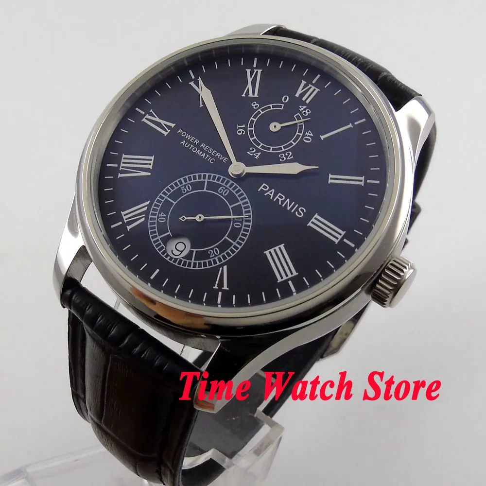 

Parnis 43mm black dial silver hands Roman Numerals Power reserve black Leather Strap Automatic movement mens watch 198