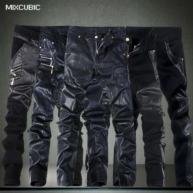 

MIXCUBIC fashion skinny skull Spliced leather pants men casual slim fit washing Locomotive leather pants men feet pants,28-36