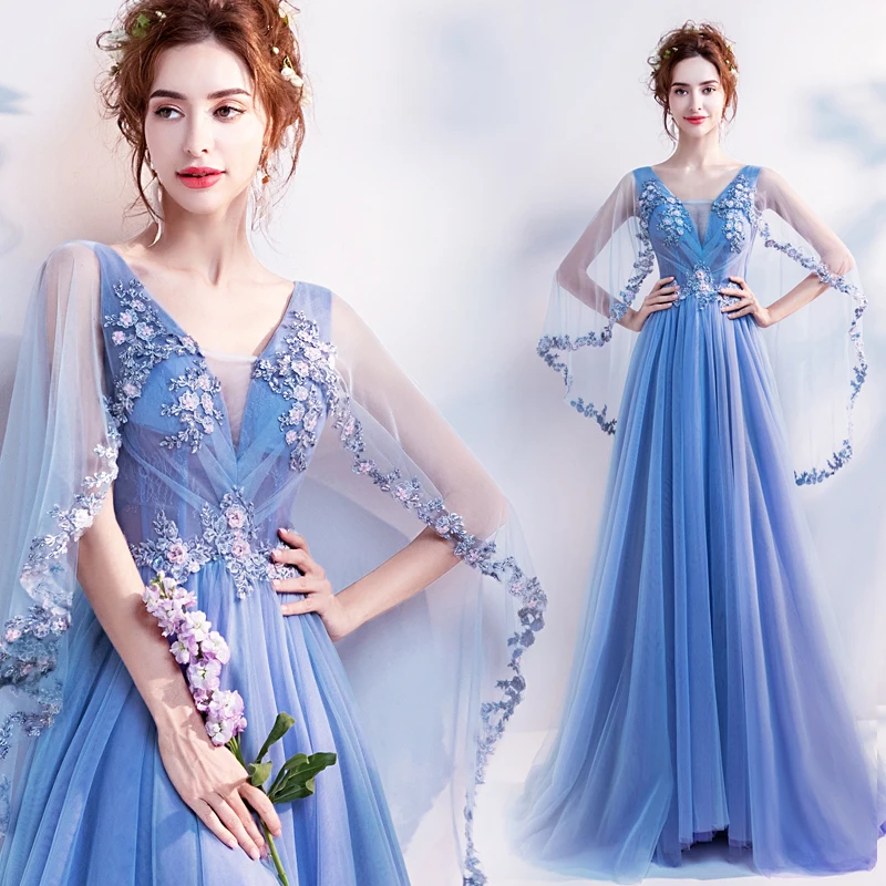 

Prom Dresses Long Illusion Blue Tulle Lace Applique A-line Sweep Train with Cape Evening Dresses 2019 Elegant Vestido