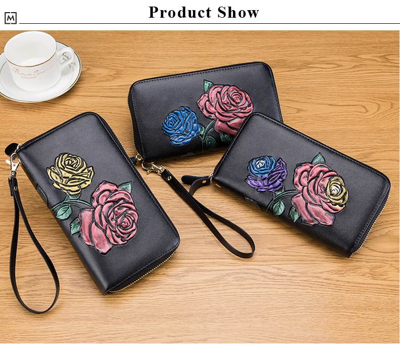 Lomelobo Long Hand Painted Card Wallet Lady Split Leather Rose Flowers Women Purse Girl Business RFID Credit Card Holder HPLA105 Details (10)