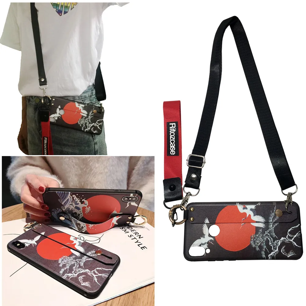 

Red-crowned crane shoulder strap silicon case for xiaomi mi A2 8 9 A1 redmi note 7 6 5 pro case cover wristband holder soft shel