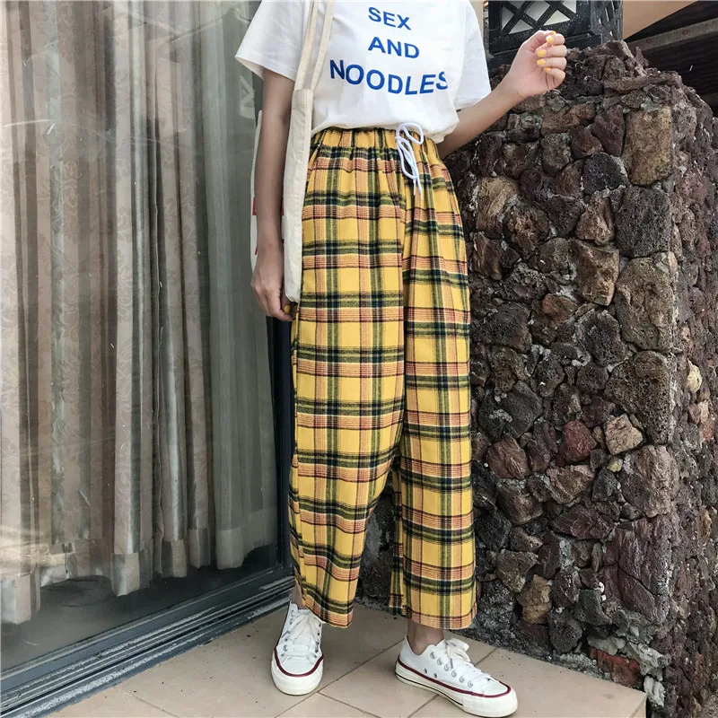 

Vintage Yellow Plaid Japanese Harajuku Summer Pants Women Casual Drawstring Ankle Length Loose Wide Leg Cotton Pants