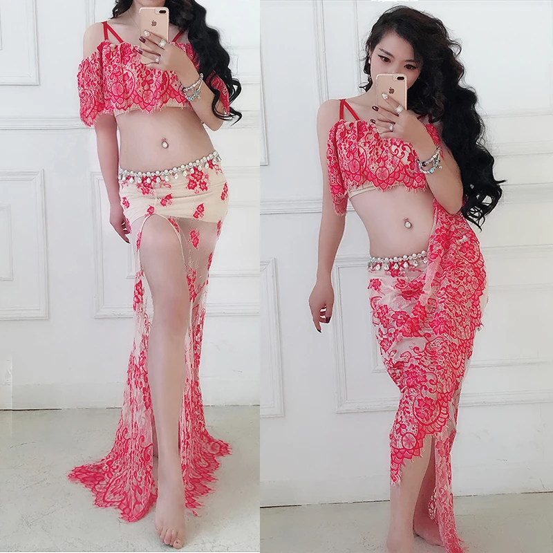 

2018 New Lace Bellydance Costume Hot Sale Women Belly Dance Suits top+Long Skirt for belly dance wear