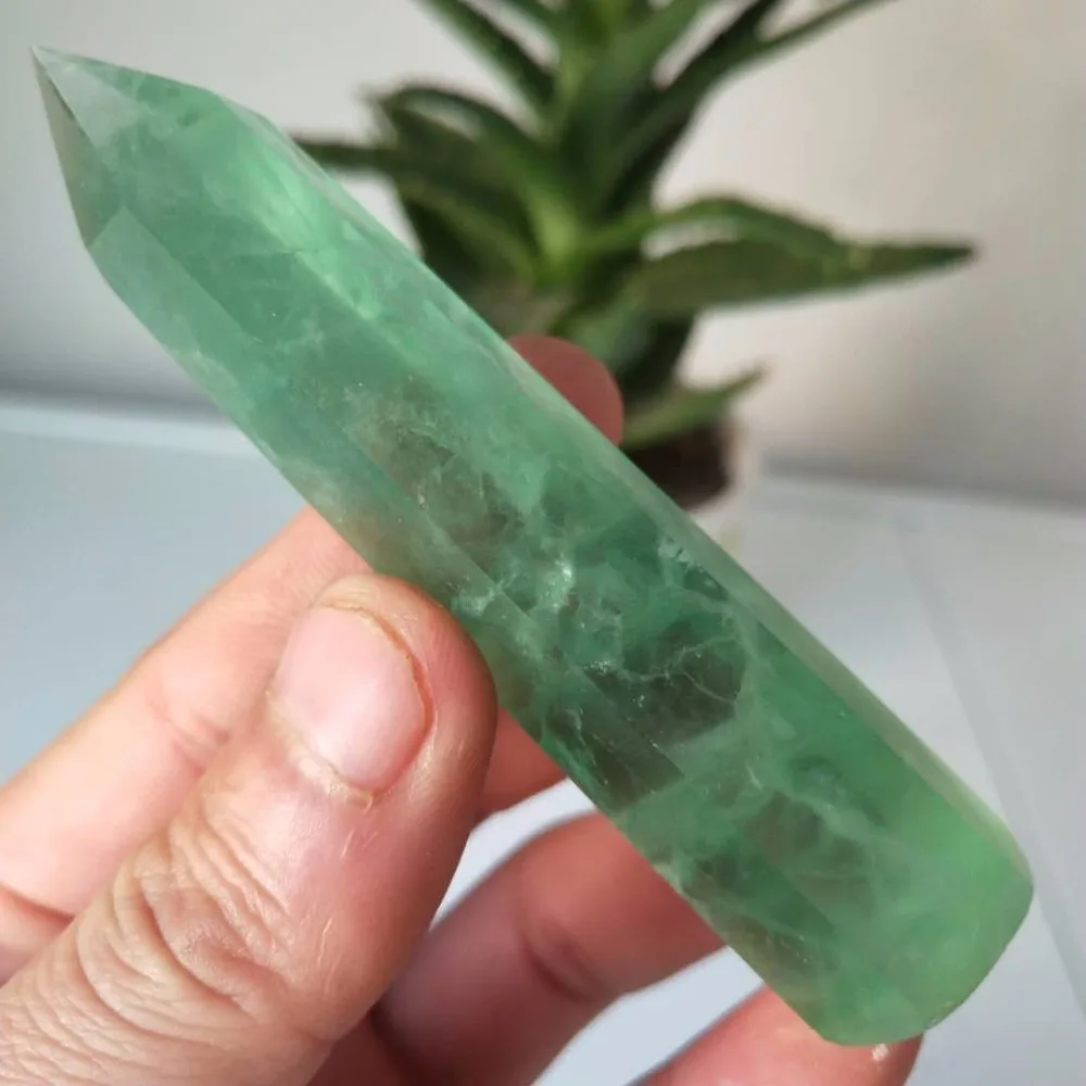 

85-95mm Natural translucent green fluorite crystal wand dots adorn obelisk feng shui chakra healing crystals