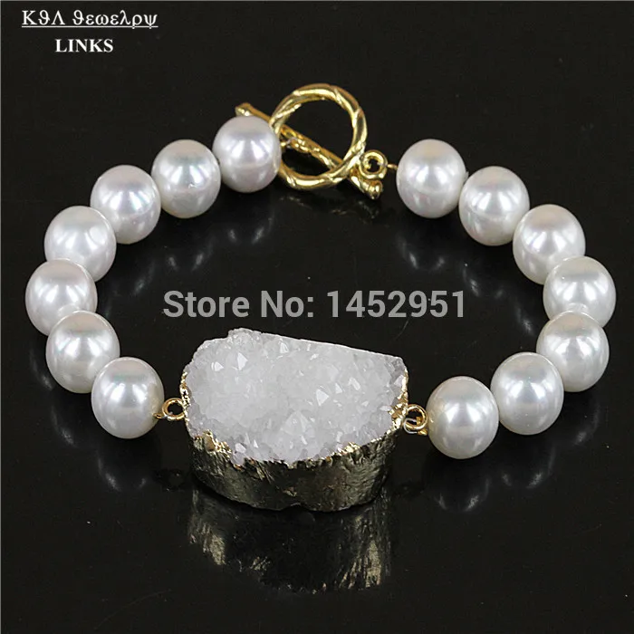 Natural Crystal Druzy Stone Bracelet White Quartz And Round Pearl Natural Crystal Druzy Stone Bracelet White Quartz And Round Pearl Beads Stretch Jewelry Bracelets For Women Pulseral Mujer In Charm From