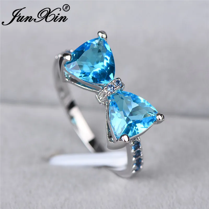 JUNXIN Female Crystal Bowknot Ring Silver Color Cute Minimalist Dainty Wedding Thin Rings For Women Red Blue Zircon Ring