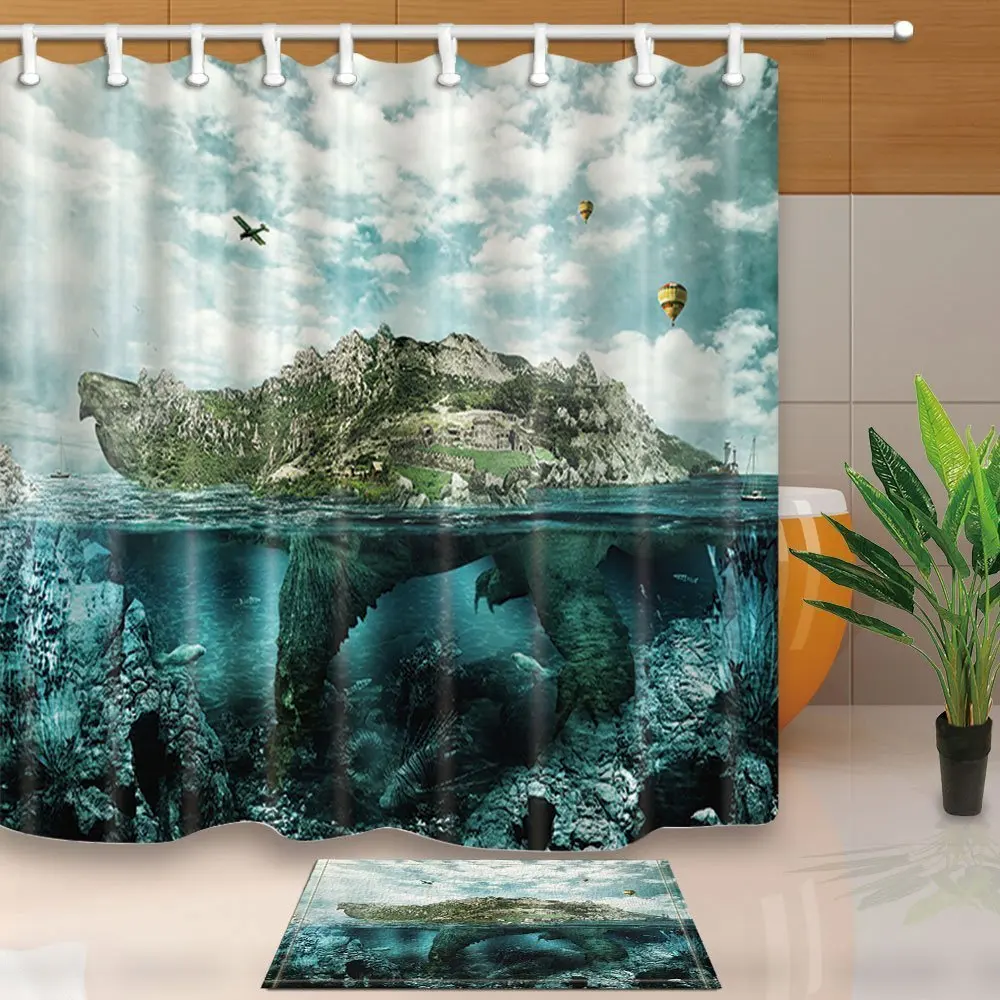 Island Bath Decor Huge Turtle In Ocean Overgrown Forests And