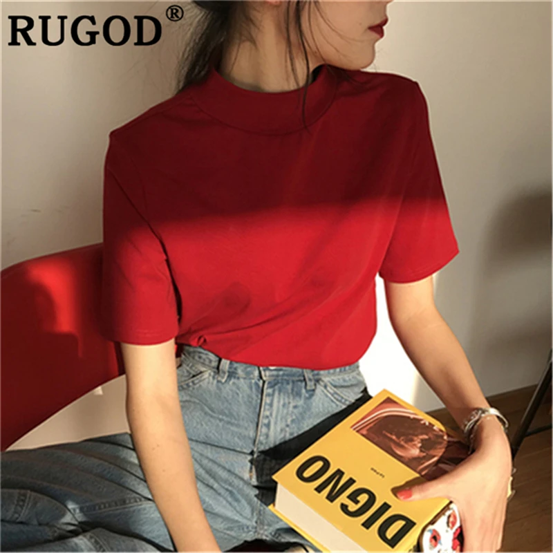 Женские футболки с высоким воротником RUGOD красные коротким рукавом в Корейском