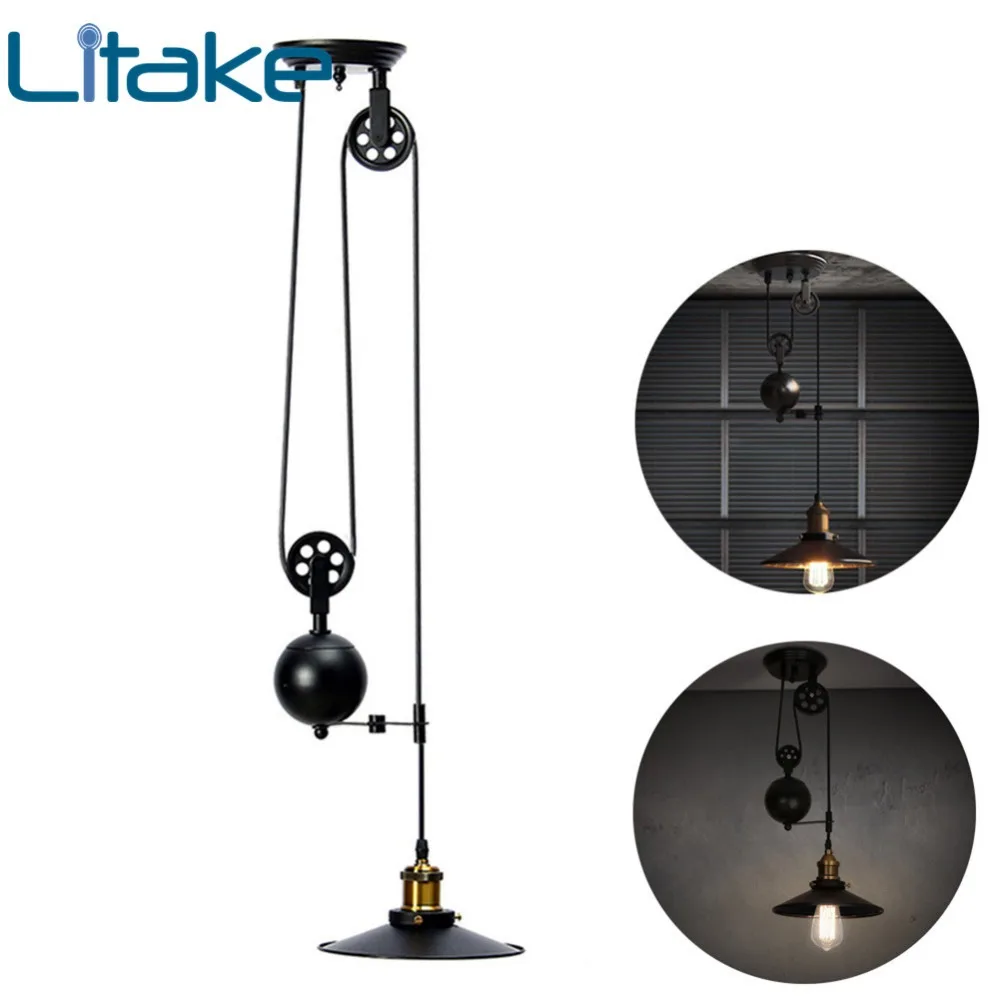 

Litake Retro Loft Pendent Light Up-down Lift Pulley Iron Chandelier Lamp Indoor Home Restaurant Corridor Cafe Decoration No Bulb