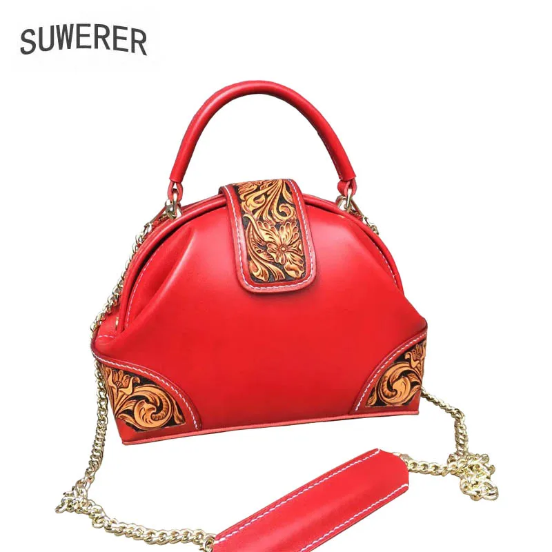 

SUWERER 2019 New Women Genuine Leather bags Handmade Carved luxury fashion cowhide small women bags designer women famous brands