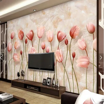 

3D Embossed Marble Stripe Tulip Floral Wallpaper for Living Room Wall Decor Mural Flower Photo Wall Papers Papier peint 3d Fleur