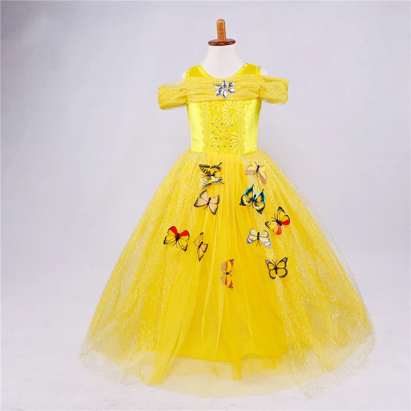 Платье Белль для девочек платье для девочек на день рождения с бабочками, платья Fantasia Infantil, Детские Вечерние платья на Хэллоуин, желтые платья парик Белль