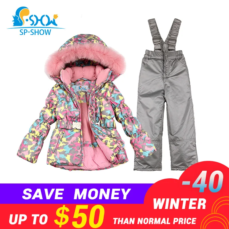 

BUY 1 SUIT GET 1 FREE SCARF -30 degrees SP-SHOW Winter 90% White down suit nature fur hat Thick Warm Fleece Down suit Ski Suit