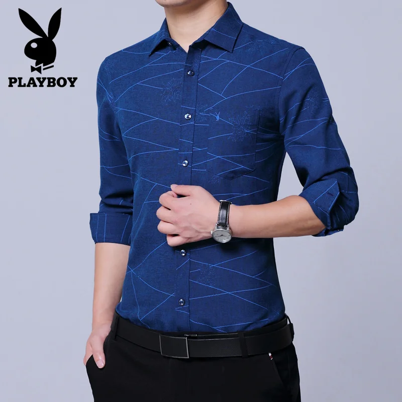 PLAYBOY новая рубашка мужская клетчатая без кармана Мужская одежда Slim Fit Мужская рубашка с длинными рукавами мужская повседневная мужская рубашка соцразмер Social