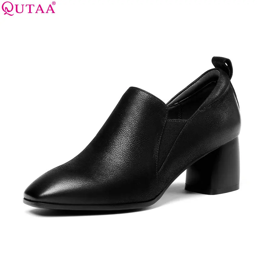

QUTAA 2018 Women Pumps Fashion Square Heel Women Shoes Zipper Genuine Leather+pu Elegant Shoes Ladies Wedding Shoes Size 34-42