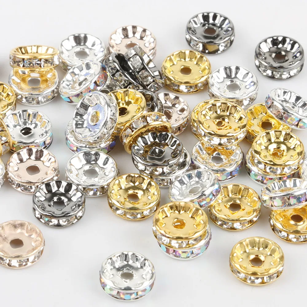 

50pcs/lot 4/6/8/10mm Gold/Sliver/Bronze Crystal Rhinestone Rondelle Spacer Beads For Jewelry Making DIY Accessories