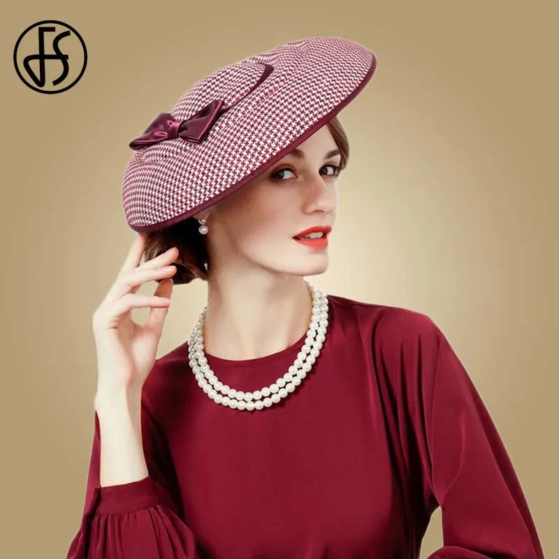 

FS Fascinator Hats For Women Houndstooth Red Black Bowknot Felt Hat Pillbox Formal Cocktail Church Wedding Dress Chapeau Fedoras