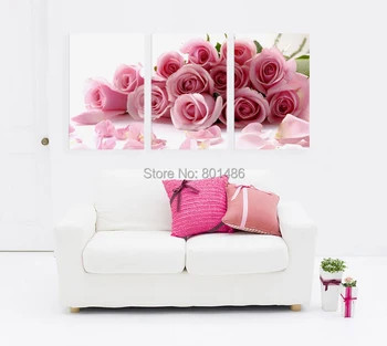 

Large size 3 pieces realistic pink roses picture modern wall art painting print on canvas For Living Room Office Decoration