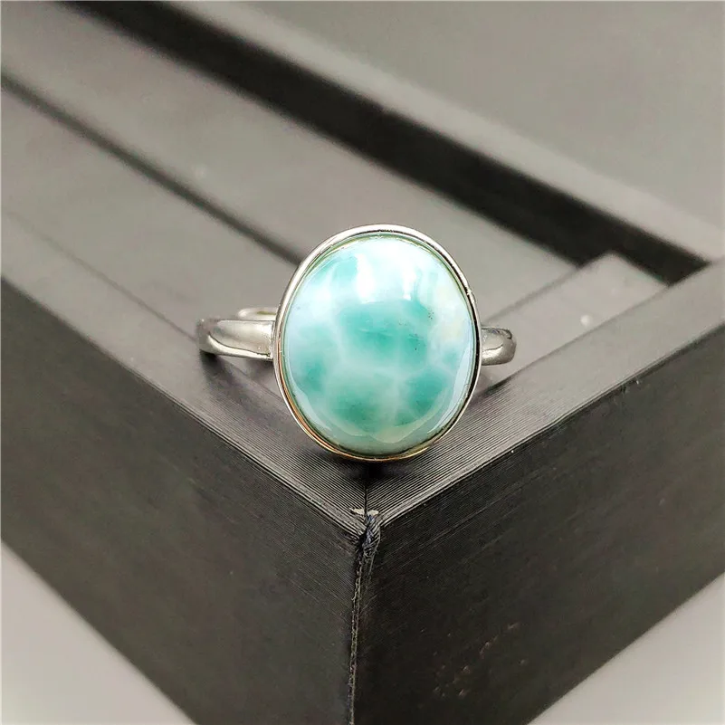 Genuine Natural Larimar Gemstone Ring 14x13mm Stone Adjustable 925 Sterling Silver For Woman Man Fashion Wedding Engagement Ring