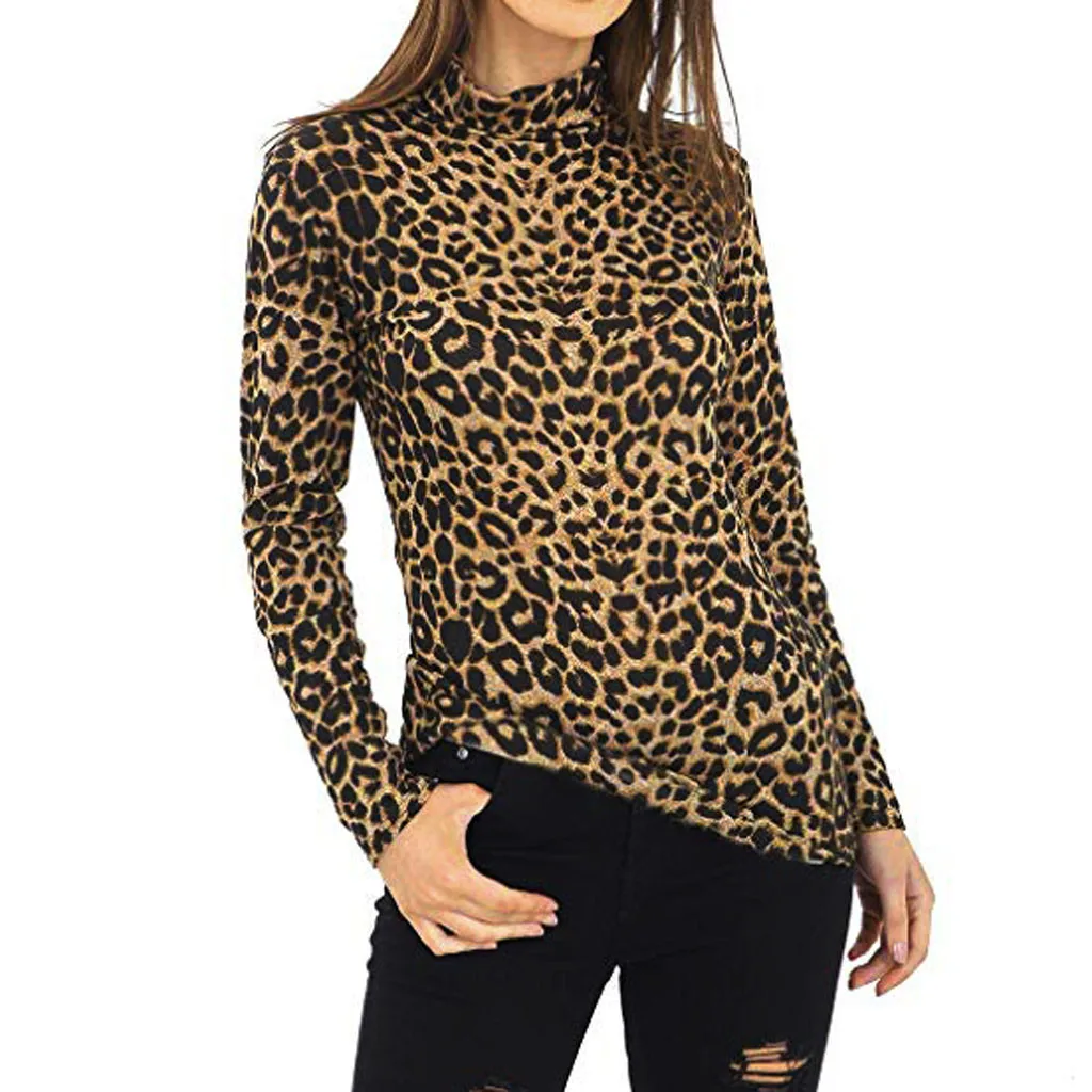 

Women Autumn Spring T shirts and Tops New Women Leopard Print Casual Turtle Roll Neck T Shirt Jumper Top Bottom camiseta mujer
