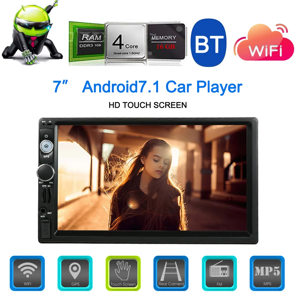 

Universal 7inch Smart Android 7.1 2 Din BT Car Stereo Radio Player GPS Navigator with WiFi AM/FM/RDS Free Map Rearview Camera