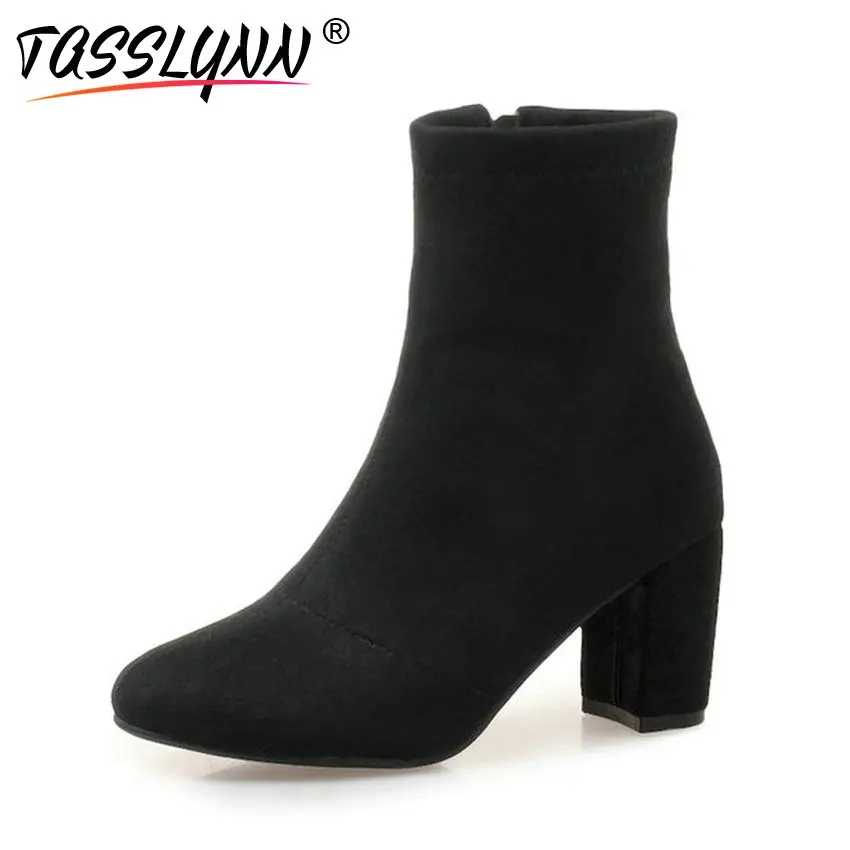 

TASSLYNN 2019 Women Square Heels Shoes Sewing Ankle Boots Round Toe Concise Autumn Shoes High Heels Zip Women Boots Size 34-43