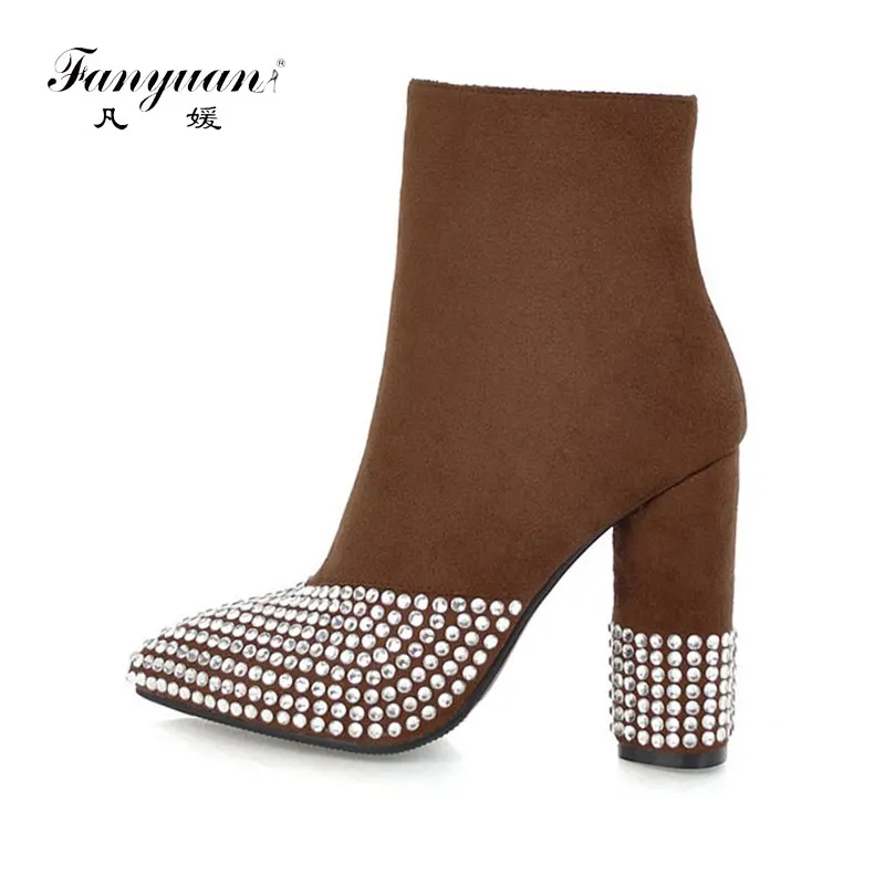 

fanyuan Winter High Heels Women Ankle Boots Pointed Toe Crystal Footwear Zip Female Boot Party Shoes Women 2018 Plus Size 46