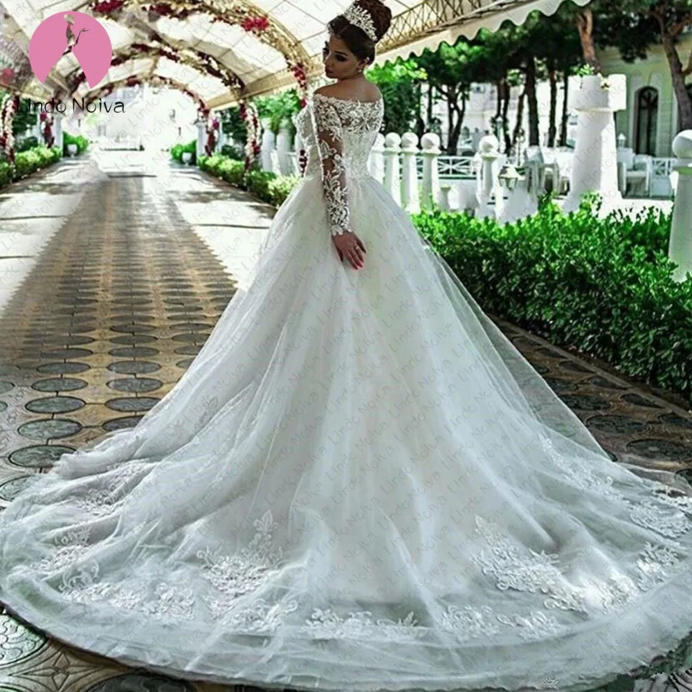 Vestido De Noiva Princesa Branco 2019 Свадебные платья Иллюзия молнии сзади Кружевная аппликация с жемчугом Boat Neck свадебные платья