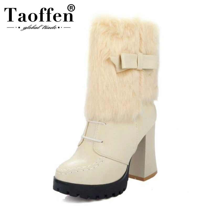 

TAOFFEN Size 33-44 Women Thick High Heel Mid Calf Winter Boots For Women Bowknot Zip Thick Platform Warm Fur Inside Snow Botas