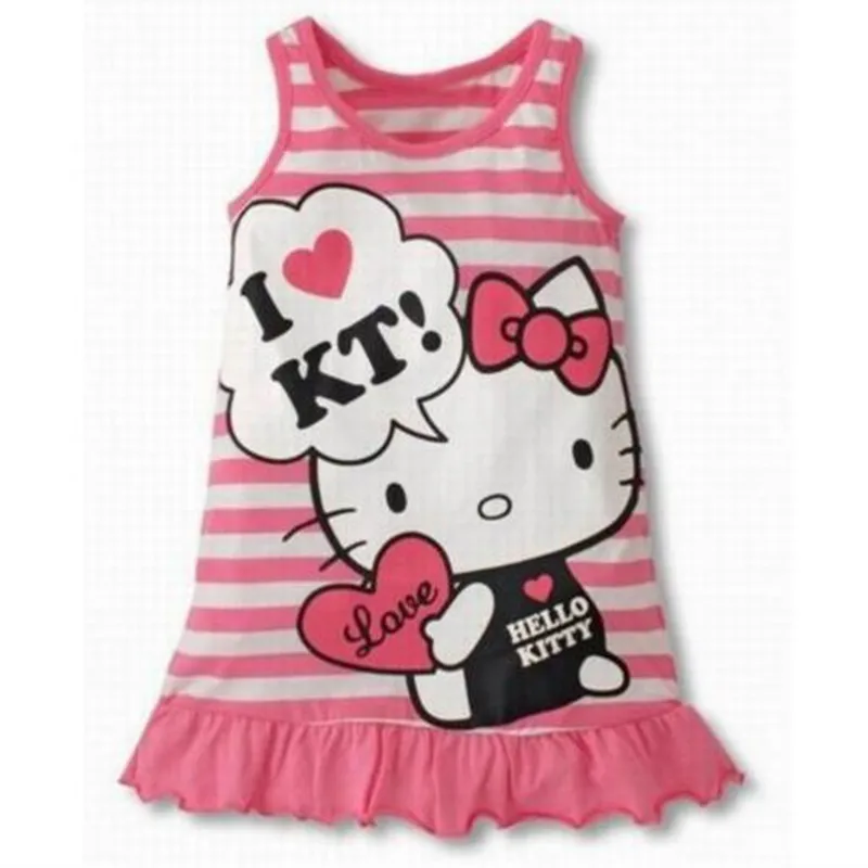 

Fashion Baby Girls Cartoon Hello Kitty Stripe Dress Children's Vest dress Girls' Clothing Red Pink