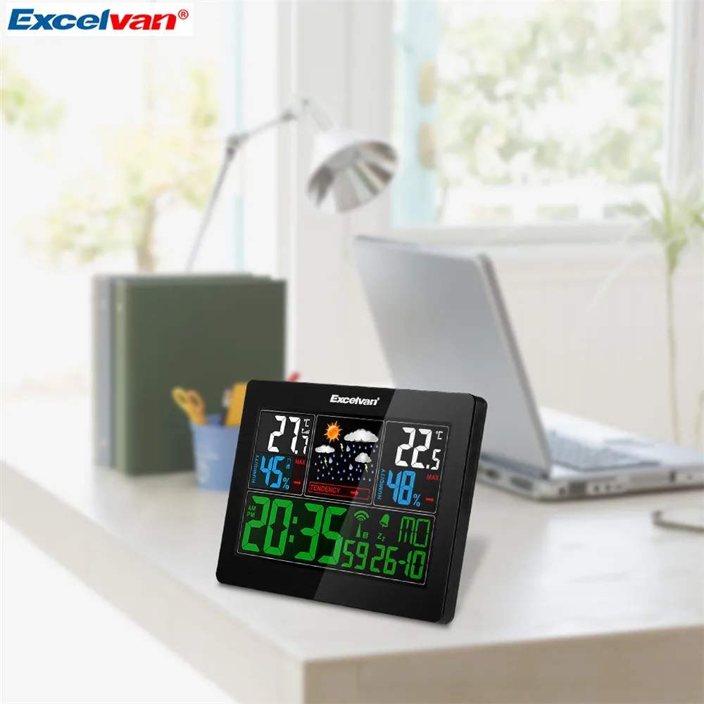 EXCELVAN COLOR Wireless Weather Station With Forecast Temperature Humidity EU Plug Alarm and Snooze Thermometer Hygrometer Clock0