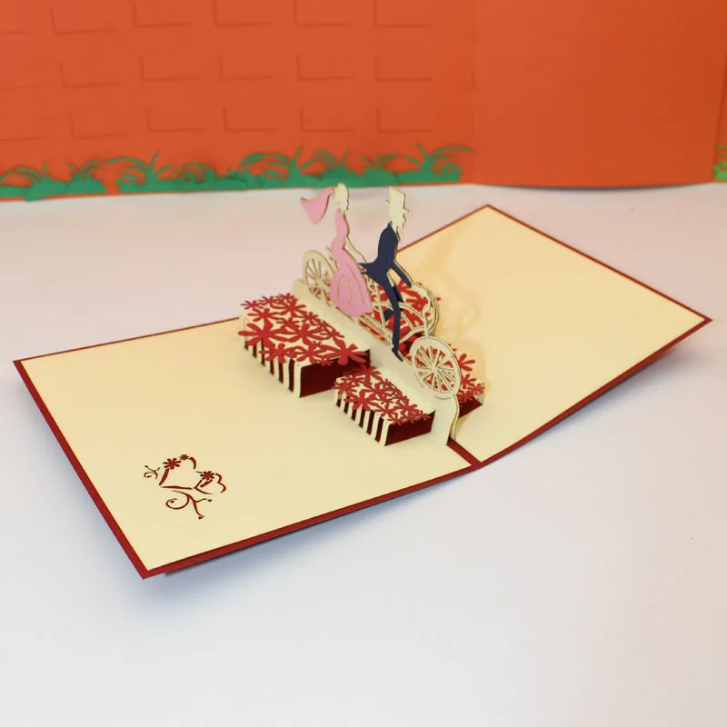  3D Handmade Carving Cycling Bride and Groom Paper Invitation Greeting Cards Wedding Engagement Vale - 32840468469