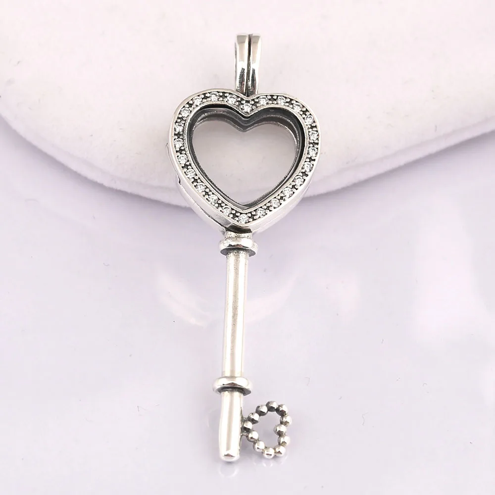 

Authentic 925 Sterling Silver Floating Locket Heart Key Necklace Sapphires Crystal & Clear CZ Fit European Necklace Jewelry