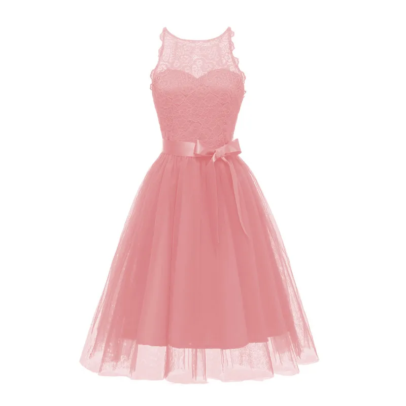 Милое милое кружевное вечернее платье с круглым вырезом, вечерние платья, сексуальные платья с бантом для выпускного вечера, Элегантное открытое вечернее платье - Цвет: Розовый