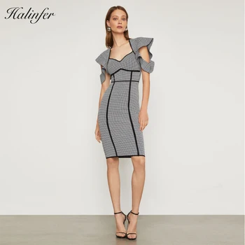 

Halinfer 2018 New summer women dress sexy bodycon Ruffles Strapless Plaid elegant celebrity Night party dress vestidos wholesale