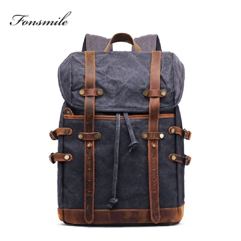 

T039 Mens Canvas Leather Backpack Vintage Waterproof Laptop Daypacks Large Capacity Girl/Boy Students School Bags Big Rucksack
