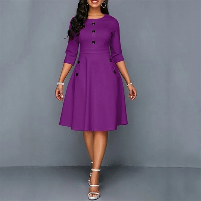  Summer new women's round neck cropped sleeves fashion button Slim solid color dress 2019 summer cas